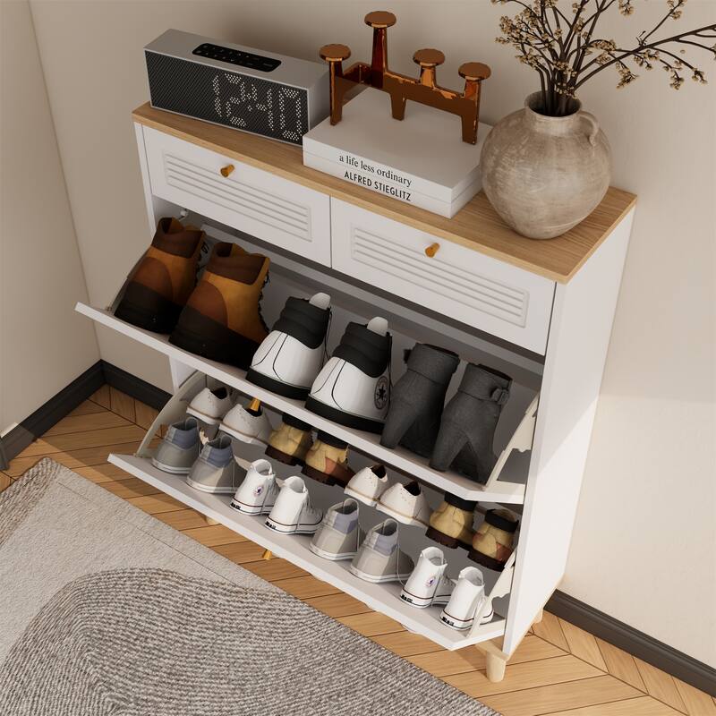 Freestanding Wood Shoe Cabinet with 2 Flip-up Doors and 2 Drawers