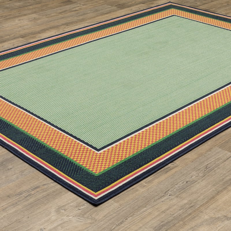 Harlowe Preppy Stripe Border Green/ Navy Area Rug