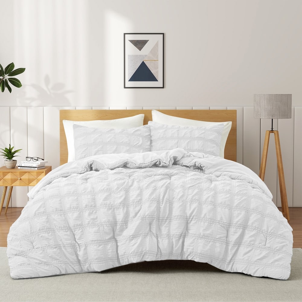 3-Piece Seersucker Bubble Ruffled Chic Textured Comforter Set, All-Season Bedding Set