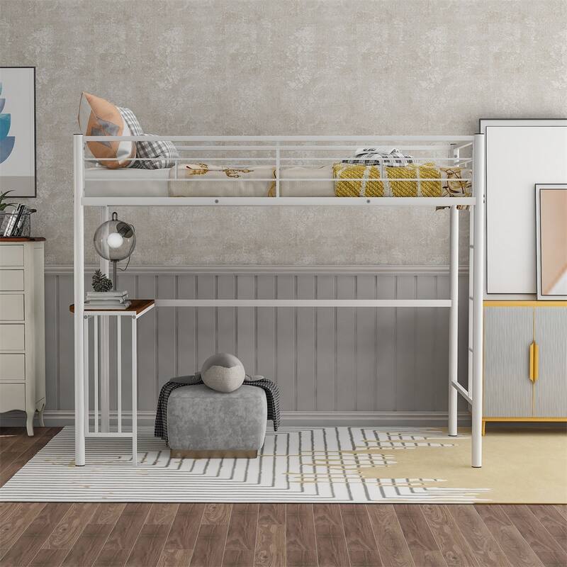 Merax Twin Metal Loft Bed with Desk, Ladder, and Guardrails