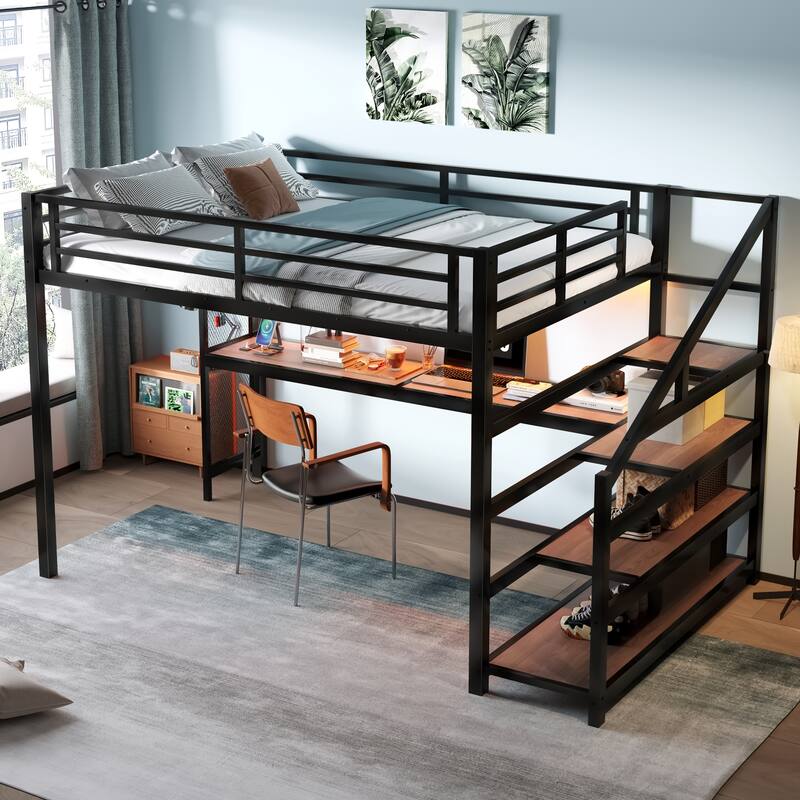 Queen Size Loft Bed Frame with Built-in Desk, Storage Stairs, LED Lights, Charging Station and Multifunctional Iron Nets