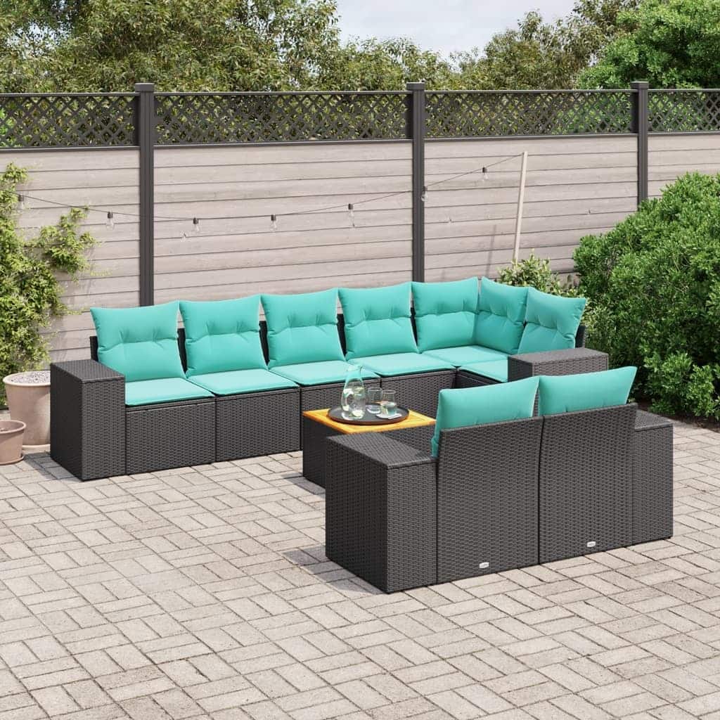 vidaXL 9 Piece Patio Sofa Set with Cushions Black Poly Rattan - 24.4 x 24.4 x 27.2