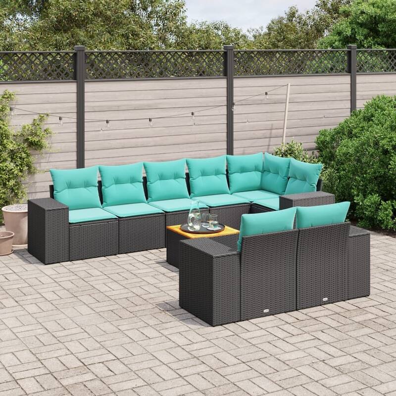 vidaXL 9 Piece Patio Sofa Set with Cushions Black Poly Rattan - 24.4 x 24.4 x 27.2 - Black-corner + 3x middle + Table