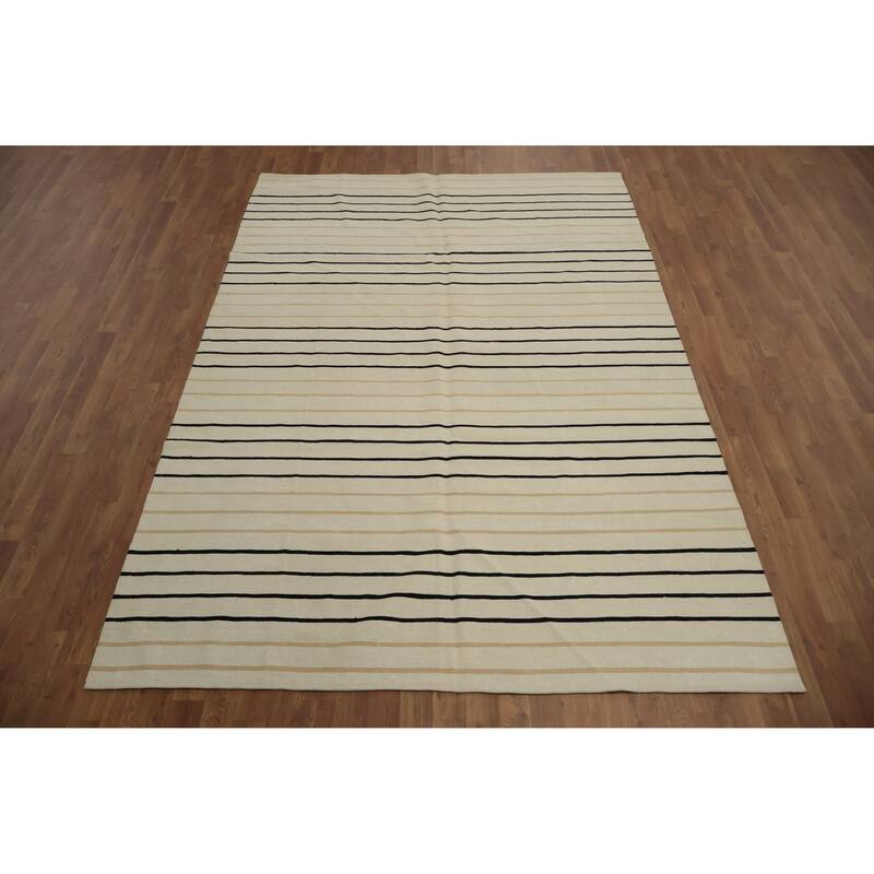 Hand Woven Oriental 100% Wool Carpet Southwestern Modern Beige & Ivories Kilim Area Rug - 8' 10'' X 6' 1''