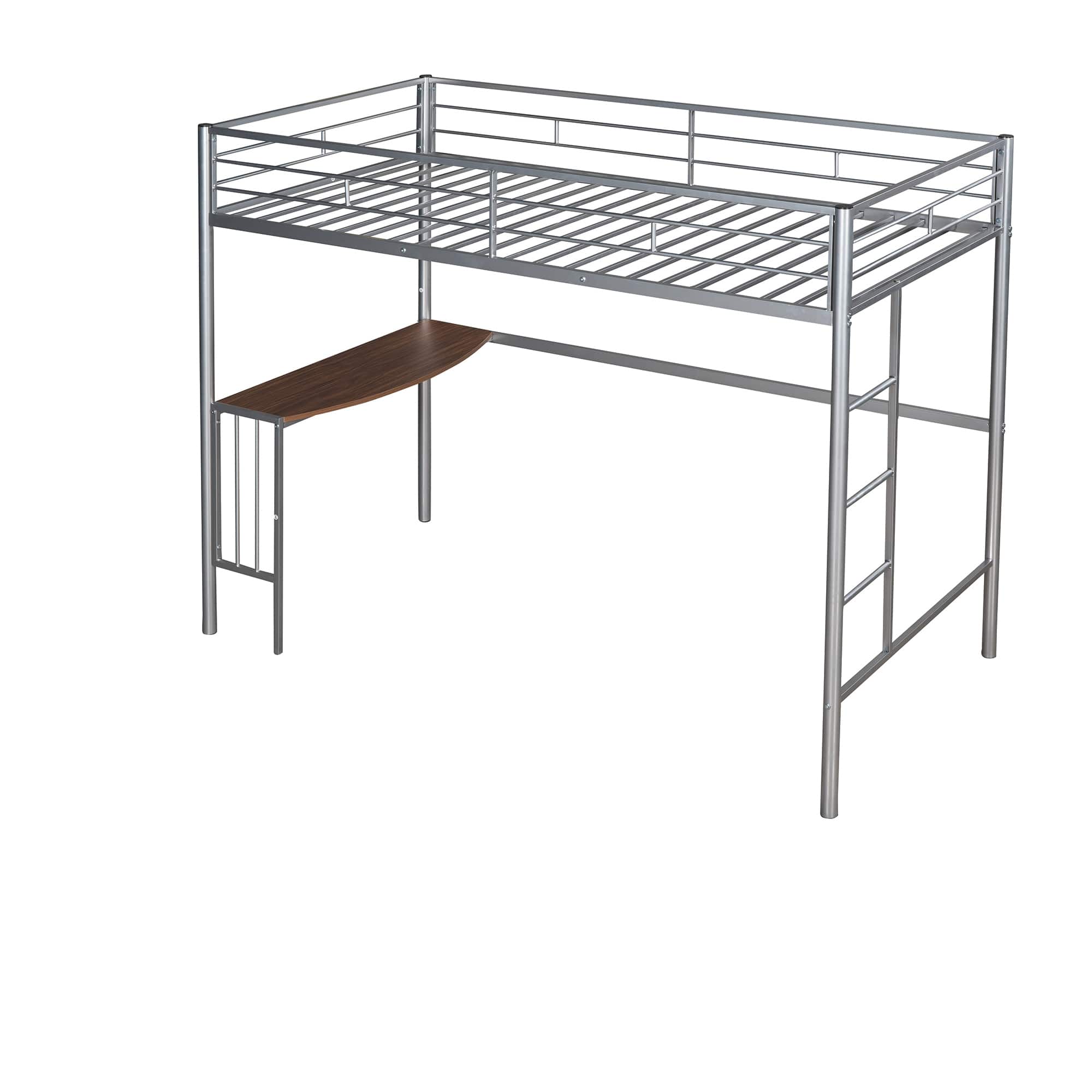 Silver Industrial Style Metal Loft Bed with Built-In Desk, Guardrails ...
