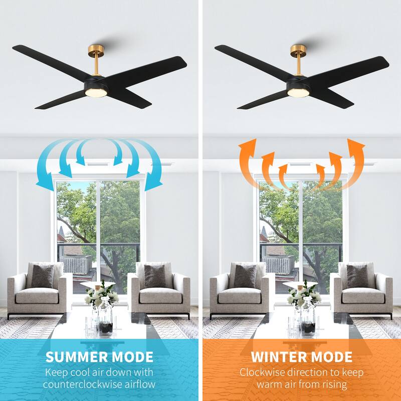 60-in Modern Black ABS 4-blade Brass Ceiling Fan with Light and Remote