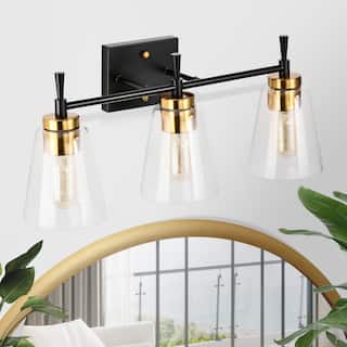 Black and Antique Brass 3-Light Vanity Light with Clear Cone Glass Shades