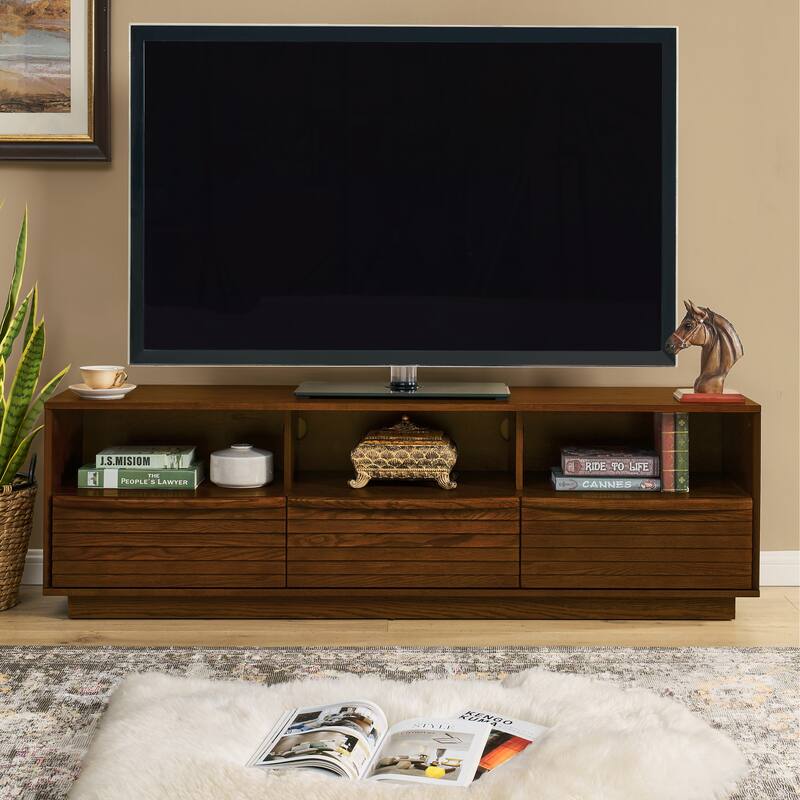 63" Mid-Century Modern TV Stand for TVs up to 75", Entertainment Center with 3 Solid Wood Drawers & Outlet Holes, Open Storage