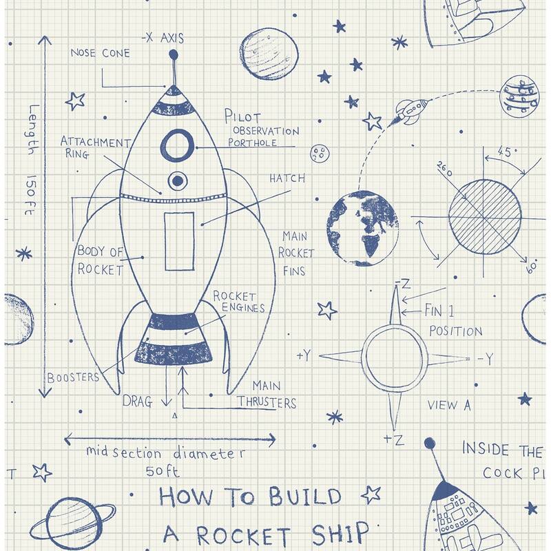 Seabrook Designs Day Dreamers Rocket Ship Unpasted Wallpaper - 20.5 in. W x 33 ft. L - White and Navy