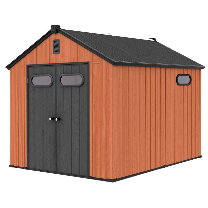 VredHom 8X8/8X10/8X12 FT All-Weather Outdoor Resin Storage Shed with Windows Floor for Patio Furniture and Tools - 8X10FT - Brown