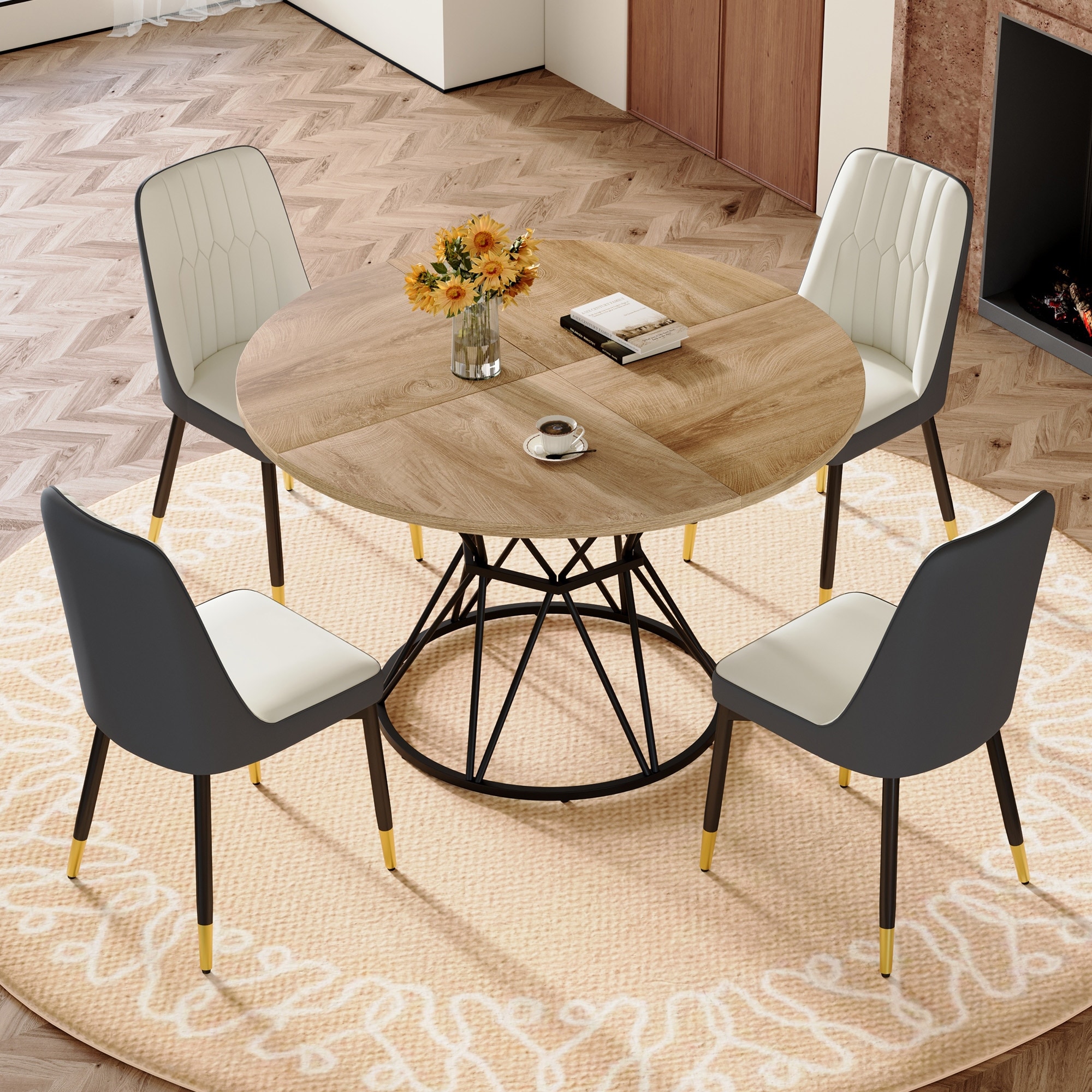 Dining Table & Chairs Set with Round Table & 4 Leather Chairs