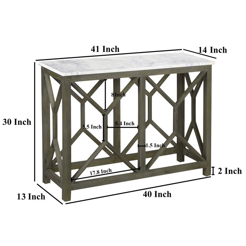 Agas Sofa Console Table, 41 Inch White Genuine Marble Top, Sandblasted Washed Ash Gray Mango Wood Geometric Frame