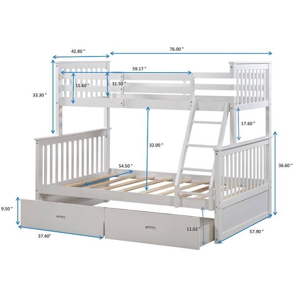 dimension image slide 0 of 2, Wooden Twin Over Full Bunk Bed with Drawers and Safety Guard Rails