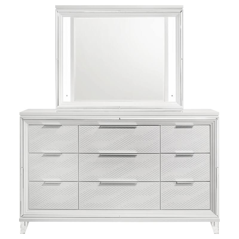 Mory Wide Dresser with LED Mirror, Touch Light, 9 Drawers, White Wood