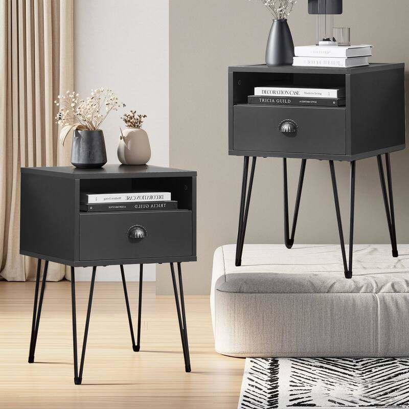 Javlergo Set of 2 Nightstand with Open Compartment & Drawer V-Shaped Metal Legs for Bedroom Living Room - Black
