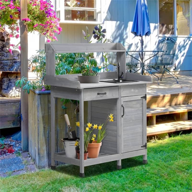 Outdoor Garden Potting Bench with Sink, Faucet & Storage Shelves - 44.5" L x 18.7" W x 50.2" H - Grey