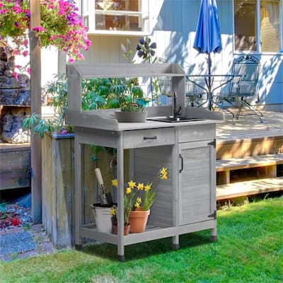 Outdoor Garden Potting Bench with Sink, Faucet & Storage Shelves - 44.5" L x 18.7" W x 50.2" H