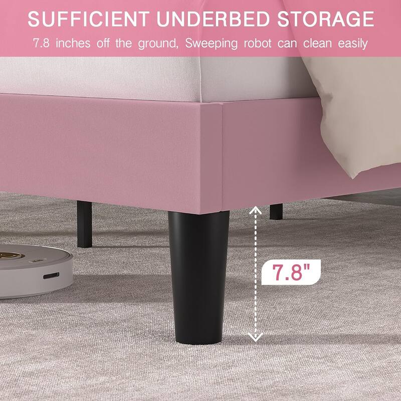 Bed Frame with Adjustable Height Headboard, Twin/Full/Queen Size Beds, Pink