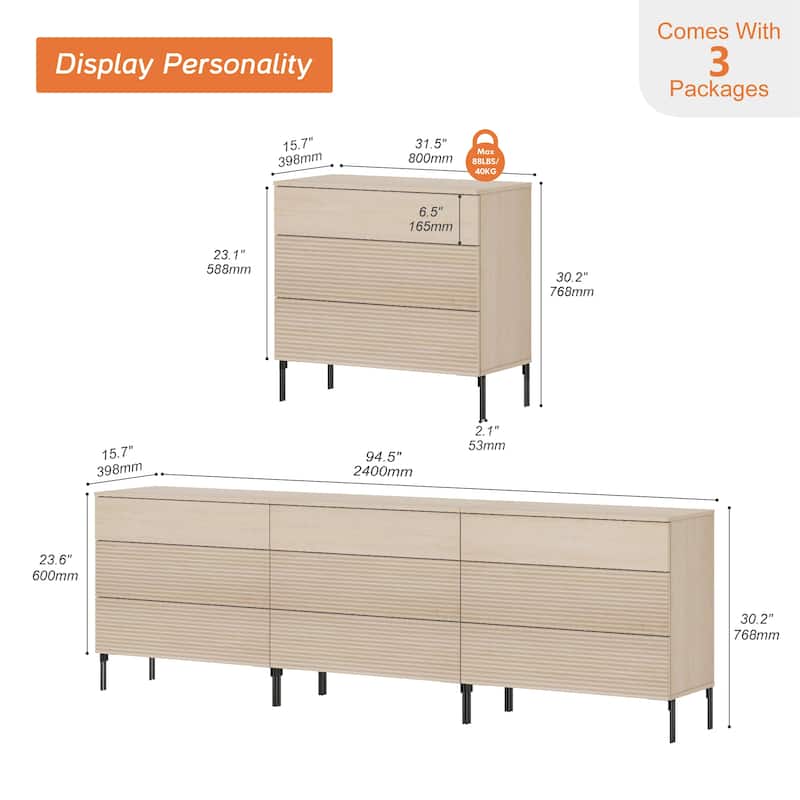 Modern Wood 3-Drawer Dresser With Reeded Design, Minimalist Dresser Organizer Storage
