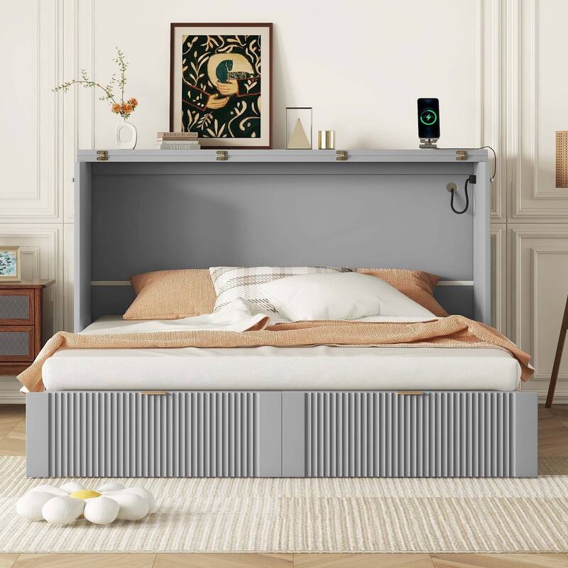 Queen Size Murphy Bed Wall Bed with drawer and USB Ports - Gray