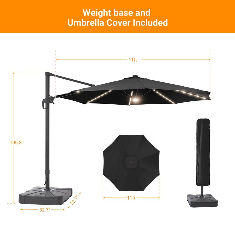 LIVOOSUN 11FT Huge Patio LED offset umbrella Cantilever Umbrella