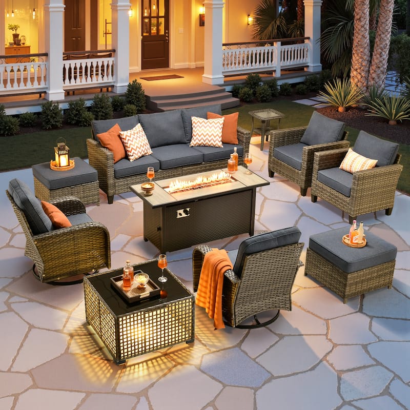 HOOOWOOO 10-piece Patio Furniture Set with Swivel Rocking Chairs Wicker Conversation Set - Denim Blue