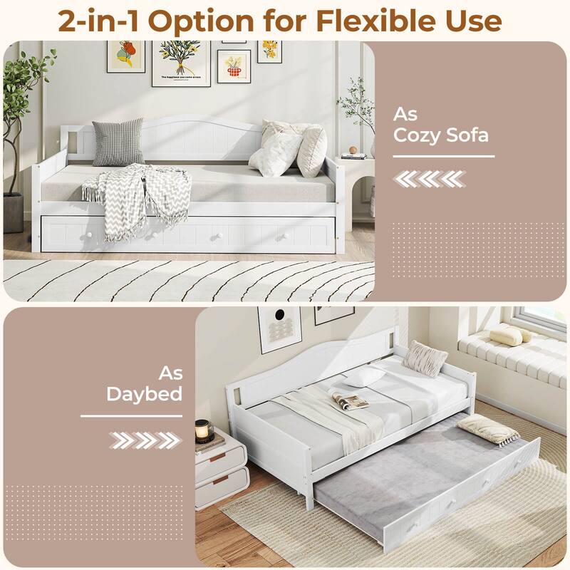 Costway Twin Size Daybed with Trundle Solid Wood Sofa Bed with Slats