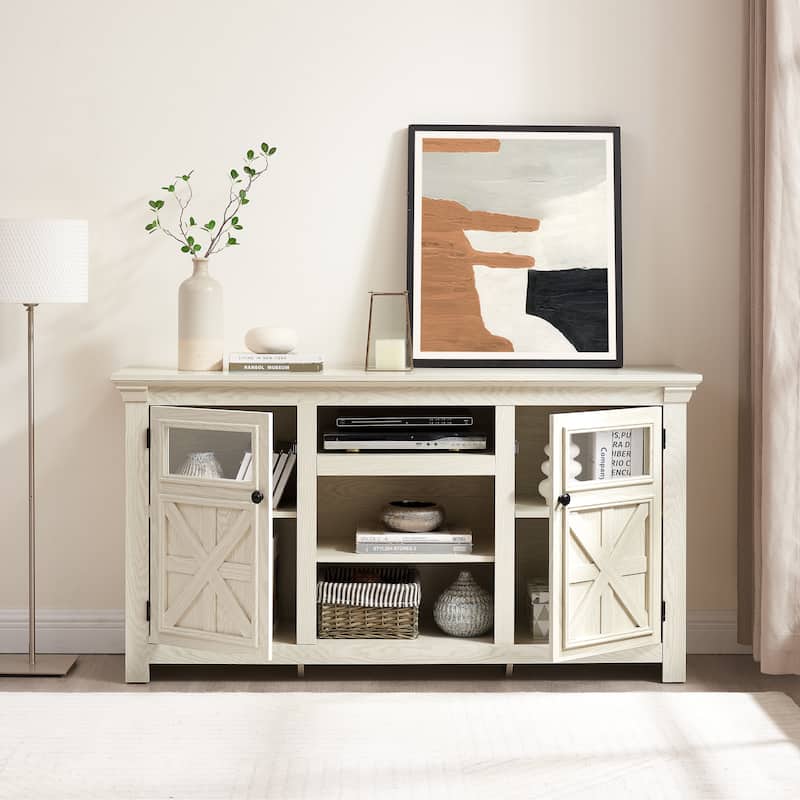 Farmhouse TV Stand 2 Doors Cabinet with Open Shelves, White TV Media Console Cabinet Entertainment Center