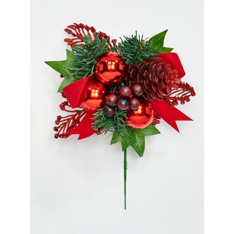 8" Large Pine Ball Pine Cone Pick with Bow and Berries, Set of 12 - Multicolor - 8