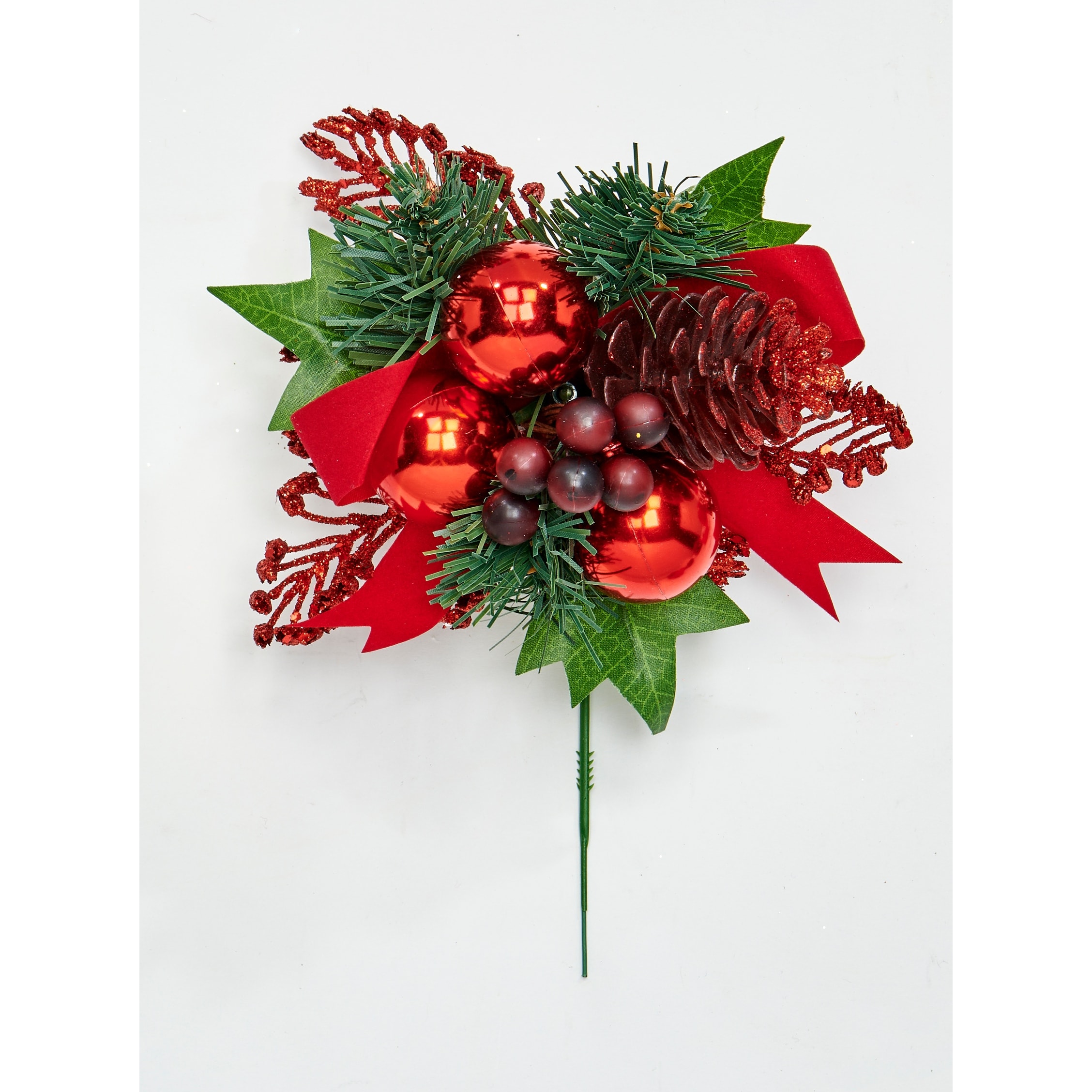 8" Large Pine Ball Pine Cone Pick with Bow and Berries, Set of 12 - Multicolor - 8