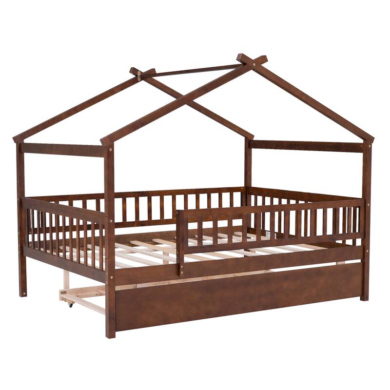 Pine House Bed with Trundle, Guardrail & Roof