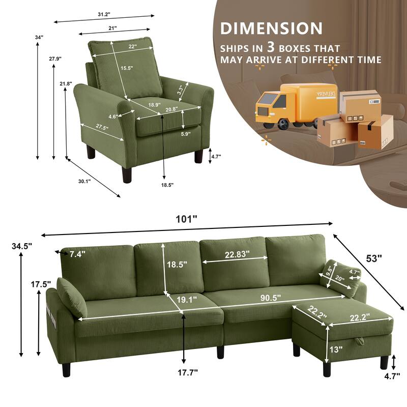 101"Corduroy 3 Piece Living Room Set Including 4 Seater Sofa ,Storage Ottoman and Chair