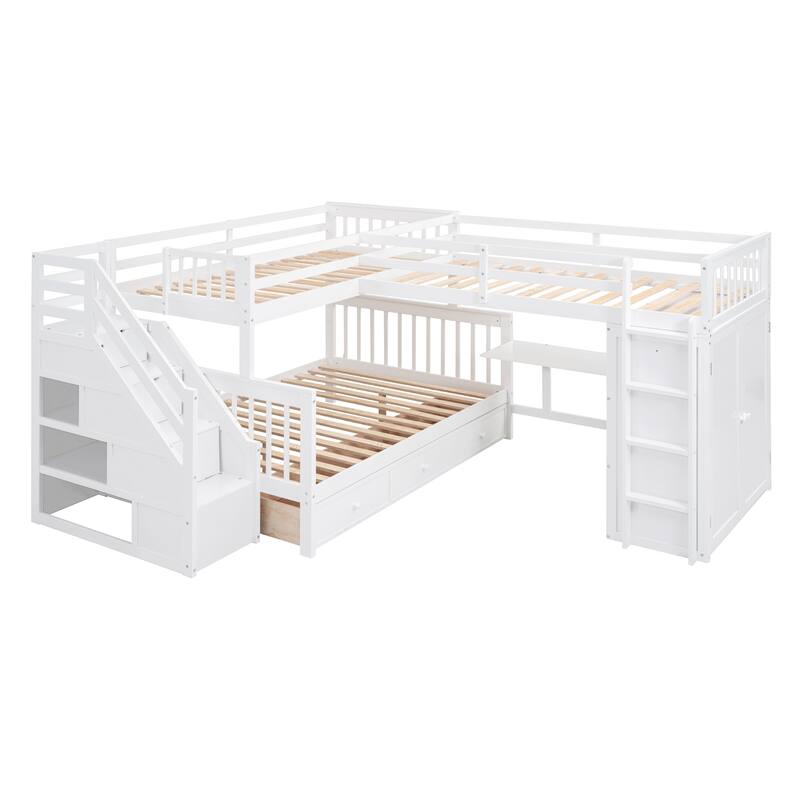 L-Shaped Bunk Bed with Storage Stairs, Fold Desk, Wardrobe, Twin - Twin Over Full Bed with Pull-out Underneath Storage Drawers