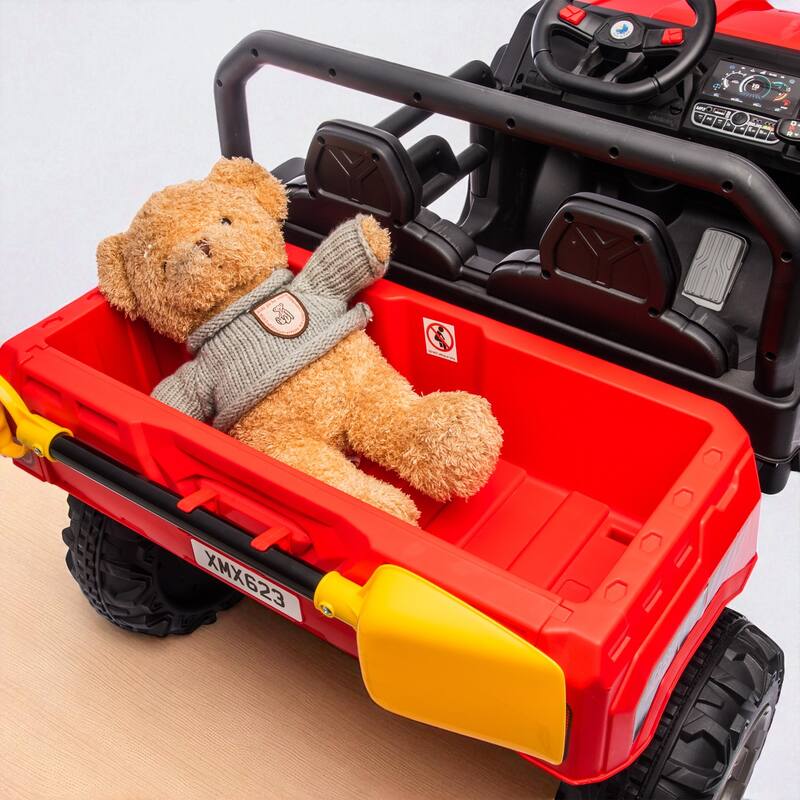 24V Two-Seater Ride-On Dump Truck with Remote Control, 2x200W Motor, Dump Bed/Shovel, Bluetooth, MP3 for Kids 3-8