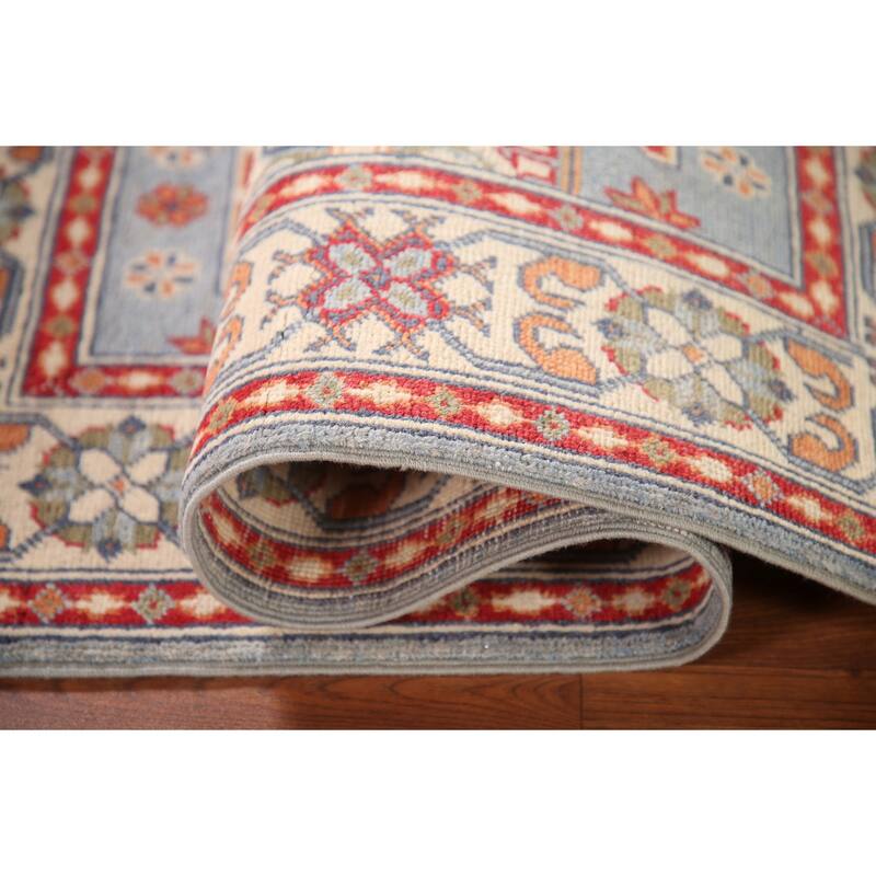 Light Blue Geometric Kazak Oriental Rug Handmade Wool Carpet - 3'2"x 4'8"