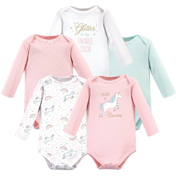 slide 1 of 1, Hudson Baby Infant Girl Cotton Long-Sleeve Bodysuits 5pk, Glitter Unicorn 0-3 Months - Glitter Unicorn 5-Pack