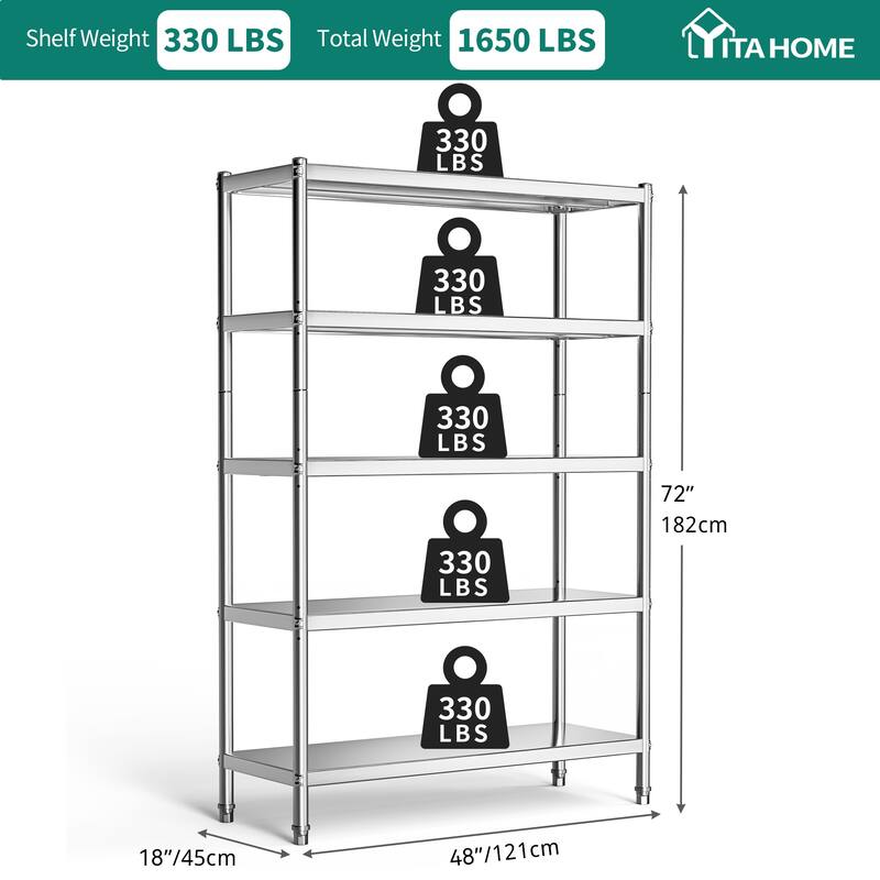 Stainless Steel Shelves, 5 Tier Storage Shelf, Heavy Duty Shelving for