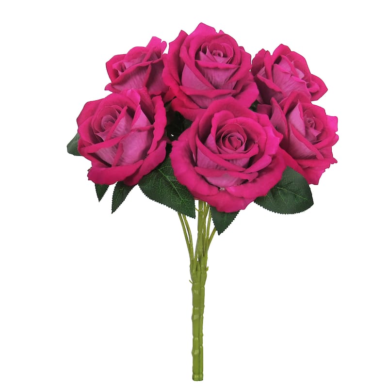 Set of 2 Hot Pink Artificial Velvet Rose Flower Stem Bush Bouquet 16in - 16" L x 11" W x 11" DP