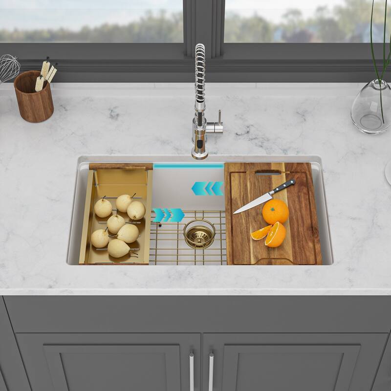 Kitchen Sink - 30" x 19" x 9.65" White Granite Composite Workstation Undermount Single Bowl Kitchen Sink