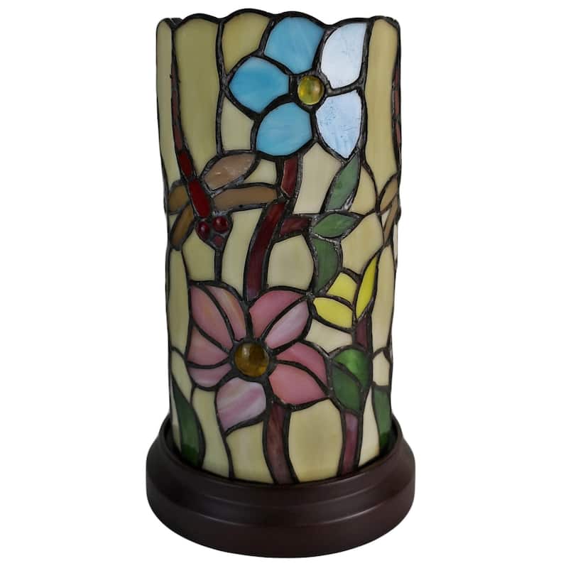 Tiffany Style Accent Lamp 10" Tall Stained Glass White Dragonfly Floral Living Room Bedroom Gift Amora Lighting