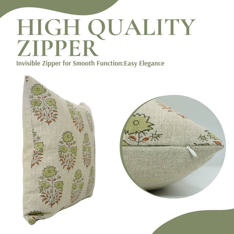 Fabdivine Handmade Floral Throw Decorative Pillow Cover Thick Linen for Living Room Green Block Print Cushioncase, Mayra