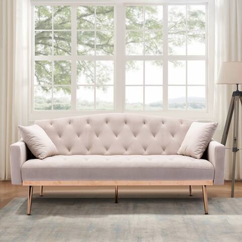 Modern Velvet Sofa Bed Convertible Sofa with Rose Golden Legs and 2 Pillows