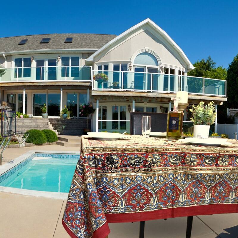 Block Print Floral Paisley Elephant Tablecloth Rectangle - 70 x 108 in - Red Blue