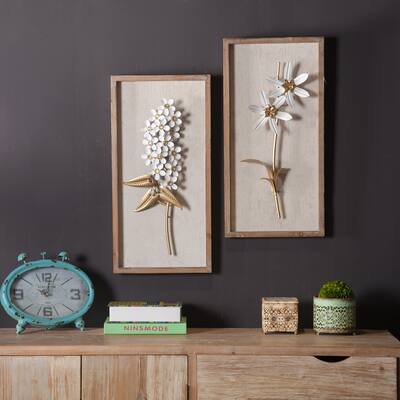 White and Gold Metal Flower Bouquet Wood Frame Wall Decor (Set of 2)