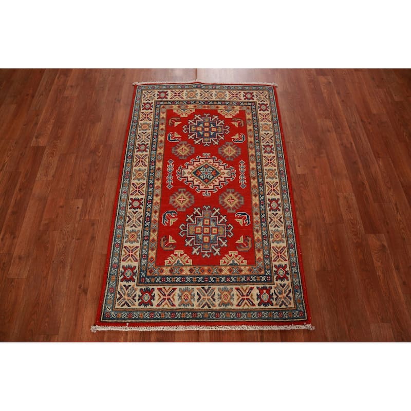 Red Geometric Kazak Foyer Rug Hand-Knotted Wool Carpet - 2'7"x 4'0"