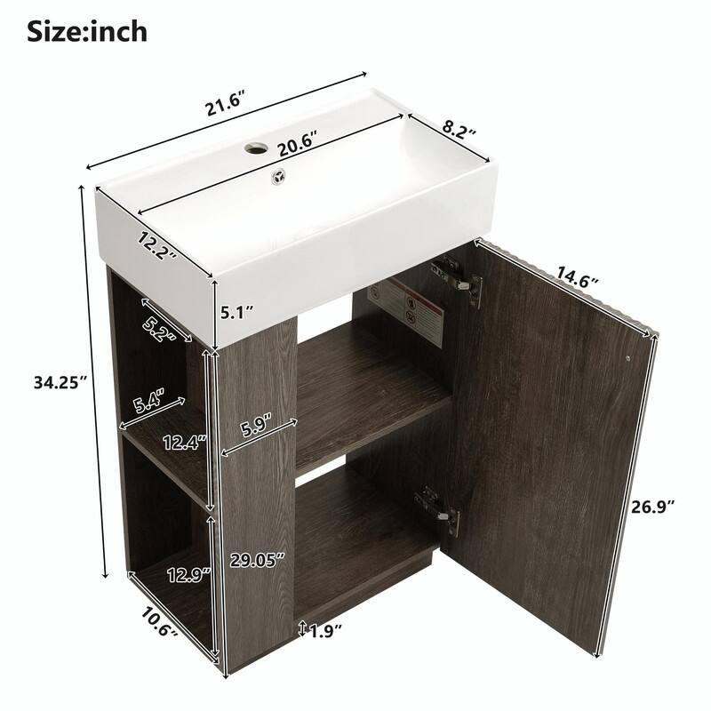 21.6" Bathroom Vanity with Ceramic Sink, Freestanding Modern Wood Grain Cabinet with Open & Closed Storage