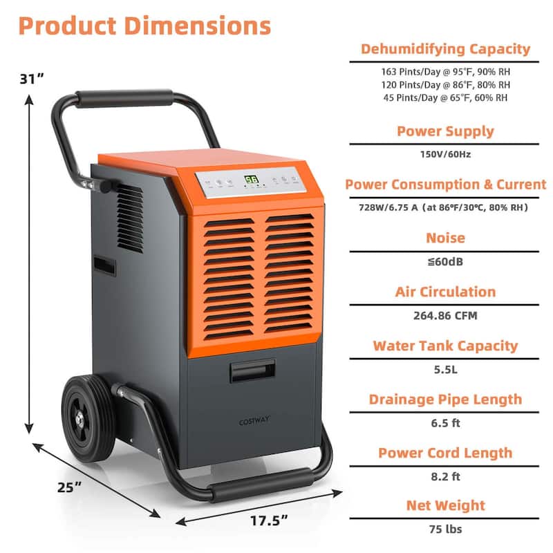 Costway 163-Pint Portable Commercial Dehumidifier with Water Tank & - 25'' x 17.5''x 31''