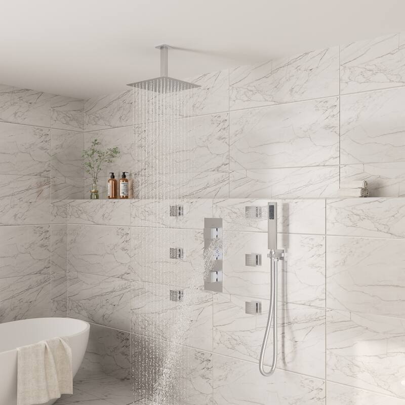 Thermostatic 3-Spray 12 in. Ceiling Mount Shower System with Handheld Shower Head and 6 Body Jets - 12" x 12"