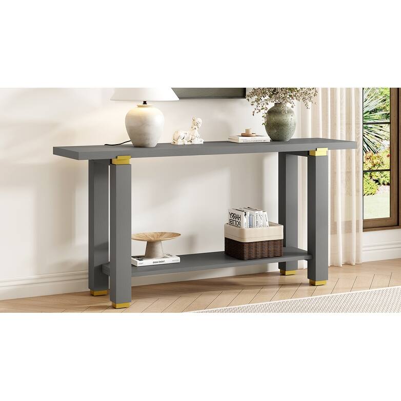 63" Modern Console Table - Solid Wood Entryway Table with Metal Accents & Built-in Shelf