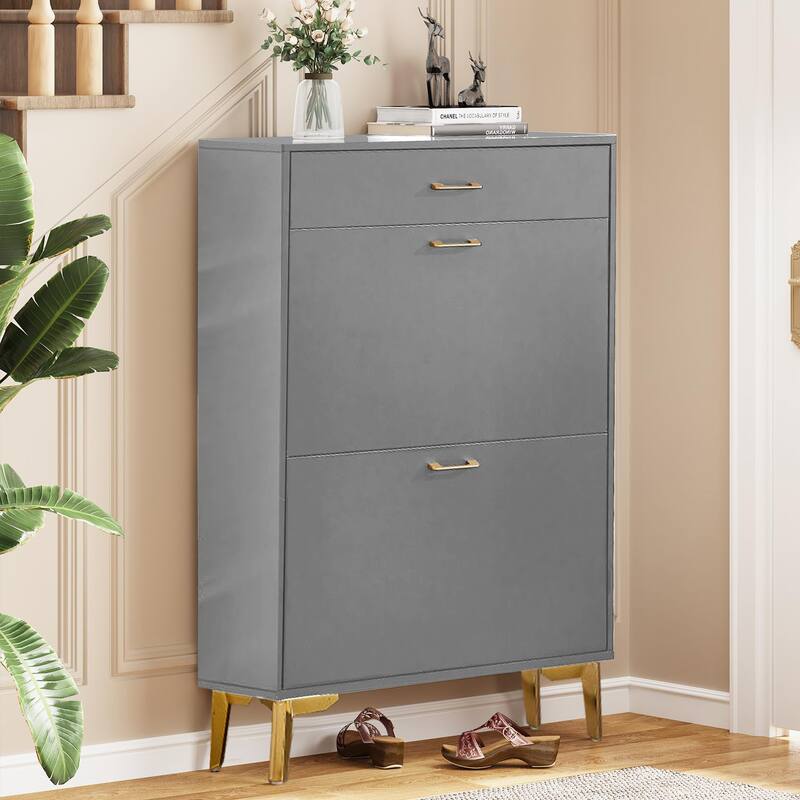 Freestanding Shoe Cabinet for Entryway, with 2 Flip Doors and Drawer - 32'W x 10''D x 43''H